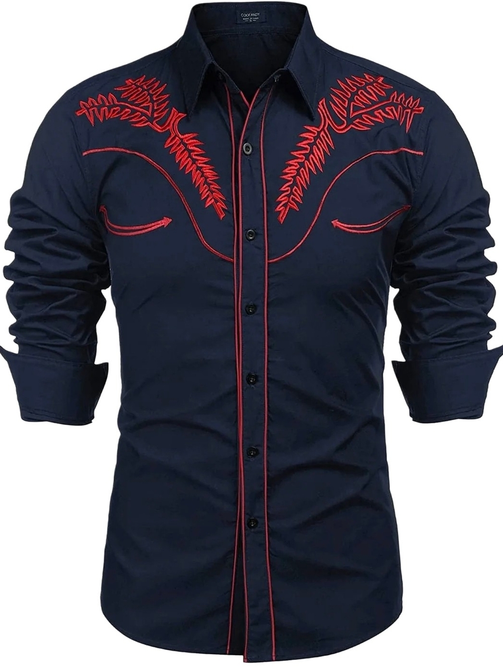 Coofandy Men's Black Western Button Front Shirt with Red Embroidery Size XL